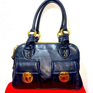 MARC JACOBS RETIRED BLUE SOFT LEATHER GOLD MONOGRAMED LOGO CLASSIC PURSE TOTE